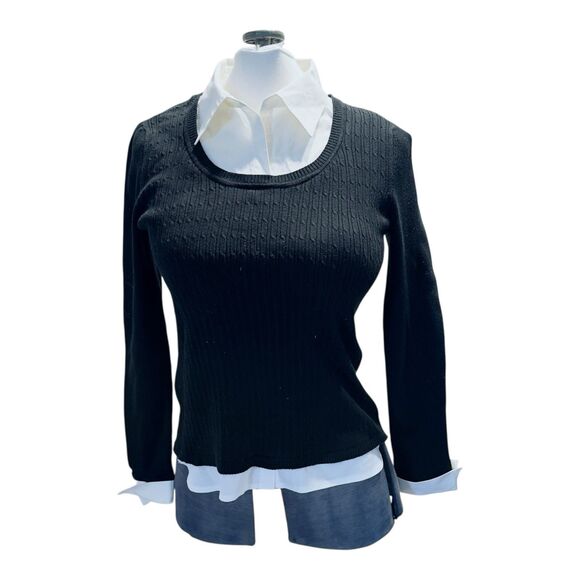 Notation Black Sweater White Collar Sleeve Bottom Trim Large - Picture 4 of 11